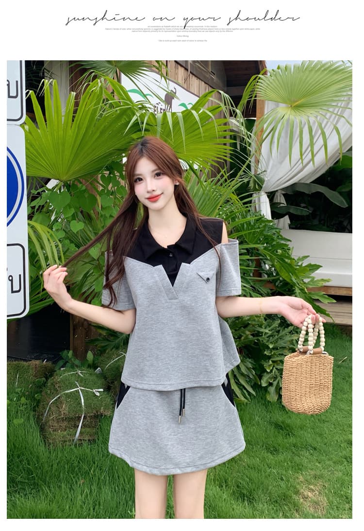 실사 빅 사이즈 지방 mm 슬림해 보이는 여름 드레스 패션 반팔 품격 V넥 오프숄더 디자인 센스 외국 가스 캐주얼 투피스 세트 상세 이미지 16