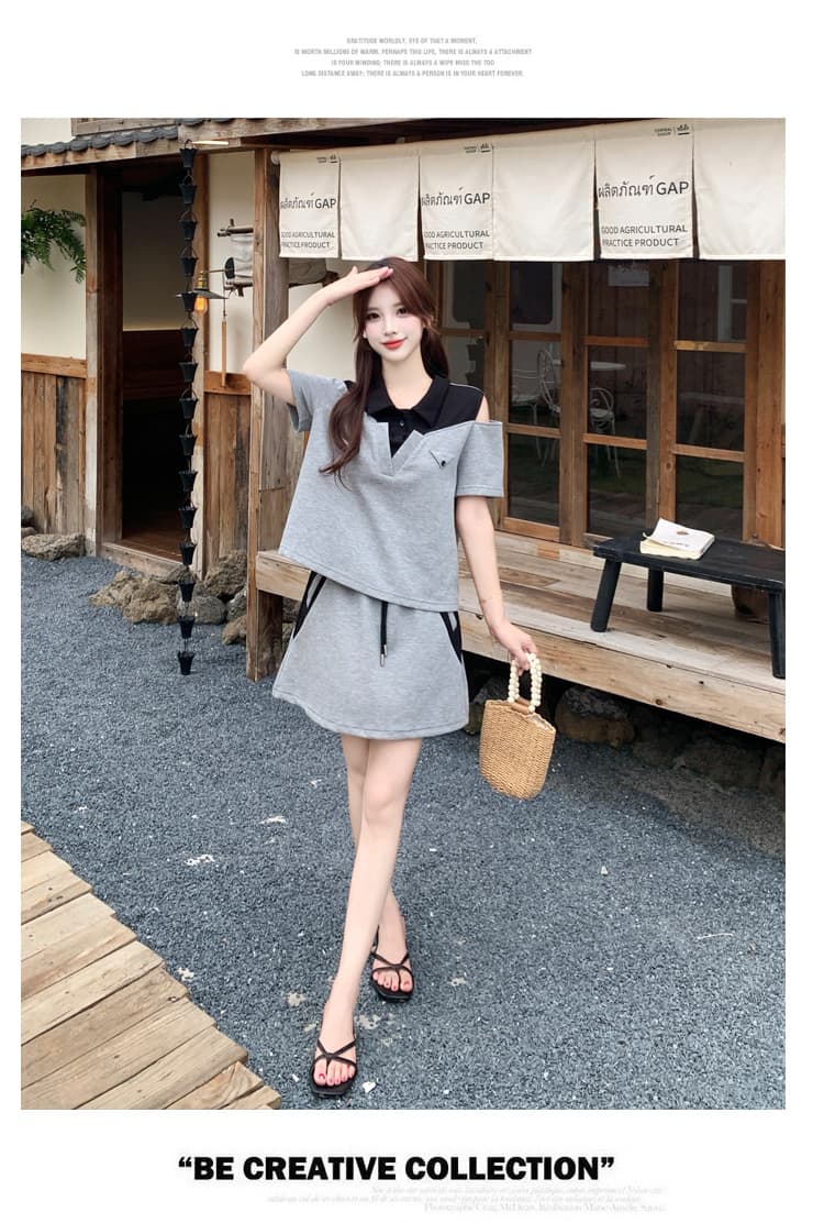 실사 빅 사이즈 지방 mm 슬림해 보이는 여름 드레스 패션 반팔 품격 V넥 오프숄더 디자인 센스 외국 가스 캐주얼 투피스 세트 상세 이미지 18