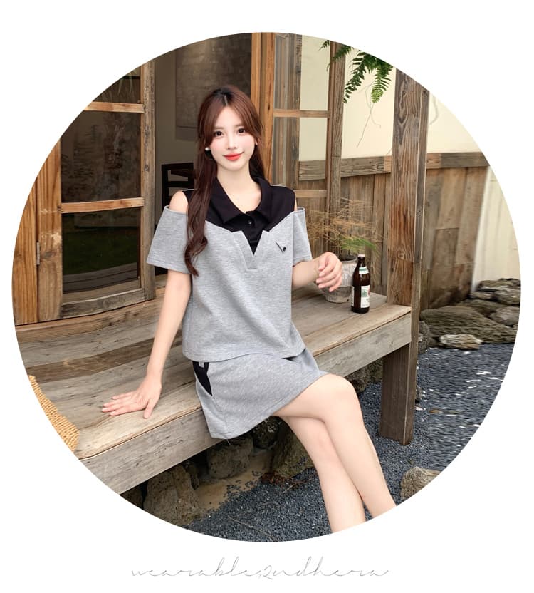 실사 빅 사이즈 지방 mm 슬림해 보이는 여름 드레스 패션 반팔 품격 V넥 오프숄더 디자인 센스 외국 가스 캐주얼 투피스 세트 상세 이미지 19