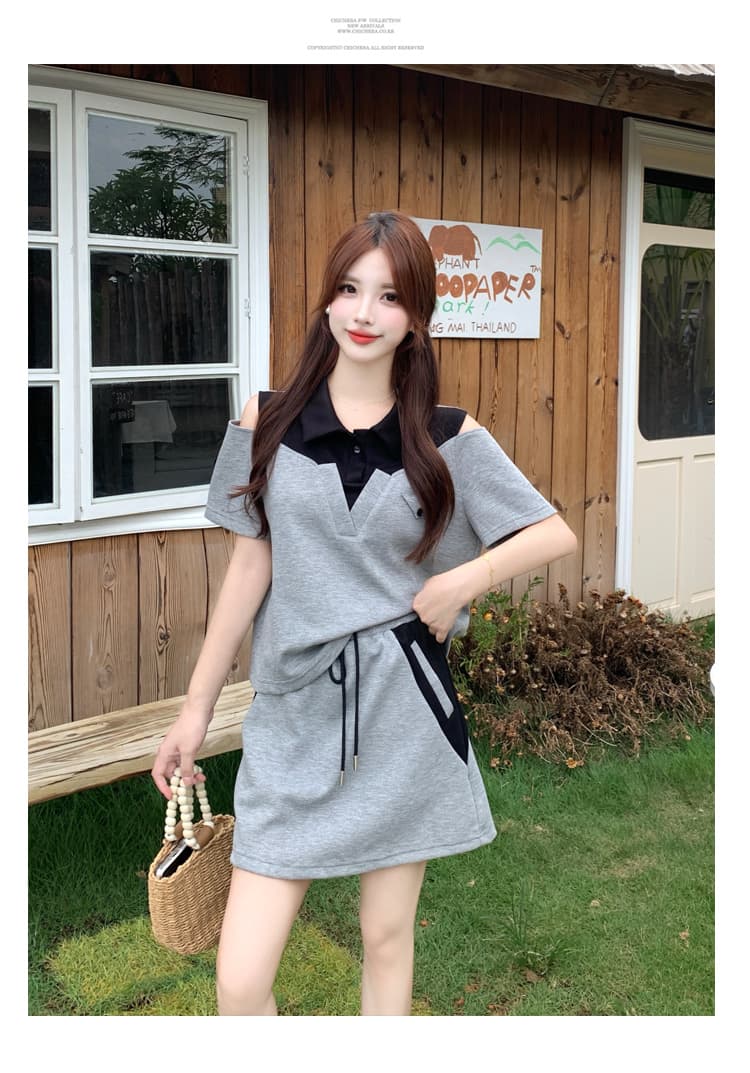 실사 빅 사이즈 지방 mm 슬림해 보이는 여름 드레스 패션 반팔 품격 V넥 오프숄더 디자인 센스 외국 가스 캐주얼 투피스 세트 상세 이미지 20