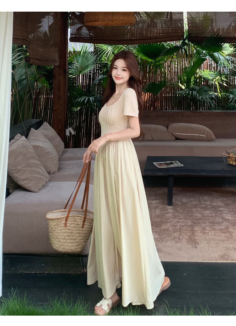 실사 여름 갤러리 프랑스식 그는 벤 바람 u 칼라 반팔 디자인 롱 코트 허리 수축 드레스 빅 사이즈 지방 mm 여름 드레스 상세 이미지 17