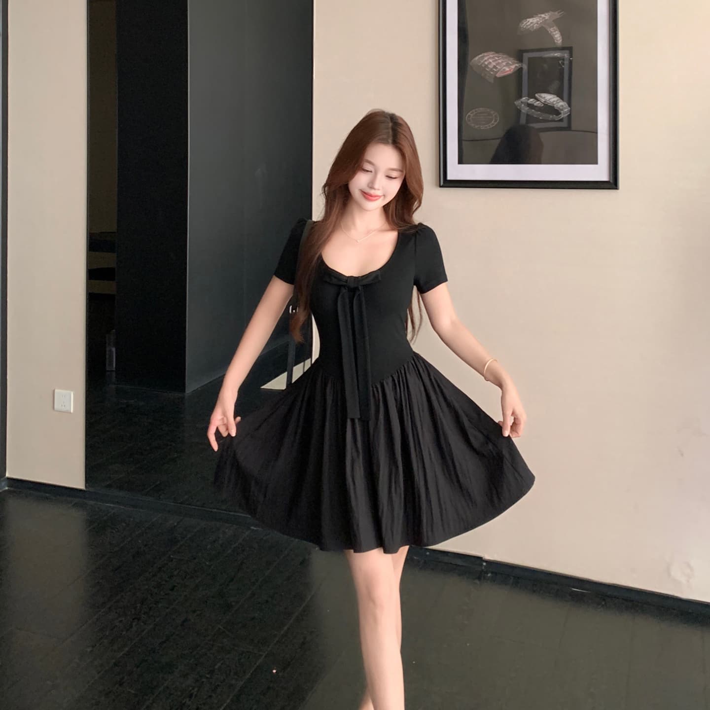 실사 파리 전복 빅 사이즈 여성 의류 프랑스식 검정색 고급 센스 나비 매듭 디자인 롱 코트 허리 수축 드레스 이미지 4