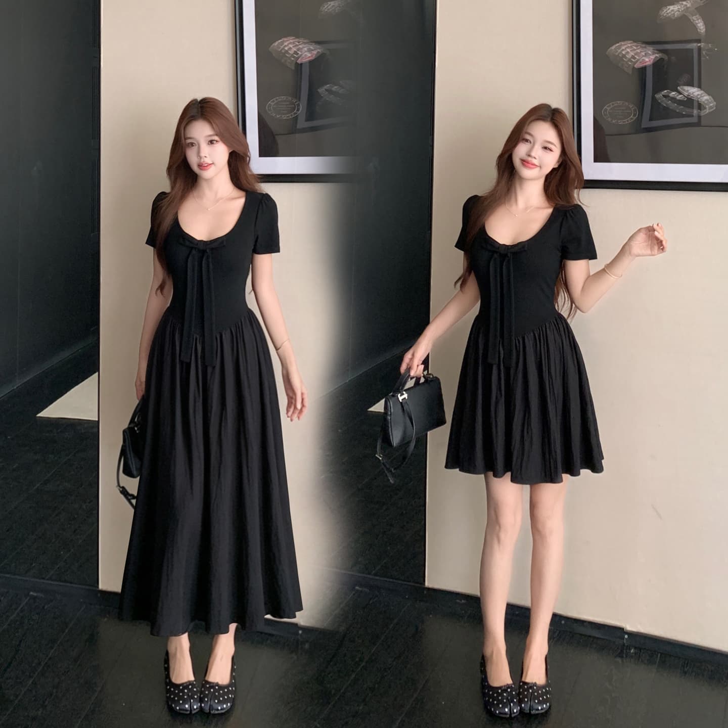실사 파리 전복 빅 사이즈 여성 의류 프랑스식 검정색 고급 센스 나비 매듭 디자인 롱 코트 허리 수축 드레스