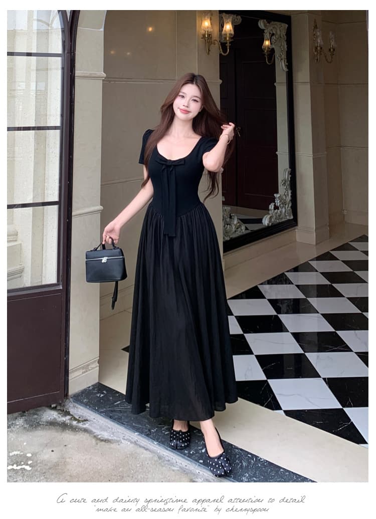 실사 파리 전복 빅 사이즈 여성 의류 프랑스식 검정색 고급 센스 나비 매듭 디자인 롱 코트 허리 수축 드레스 상세 이미지 9