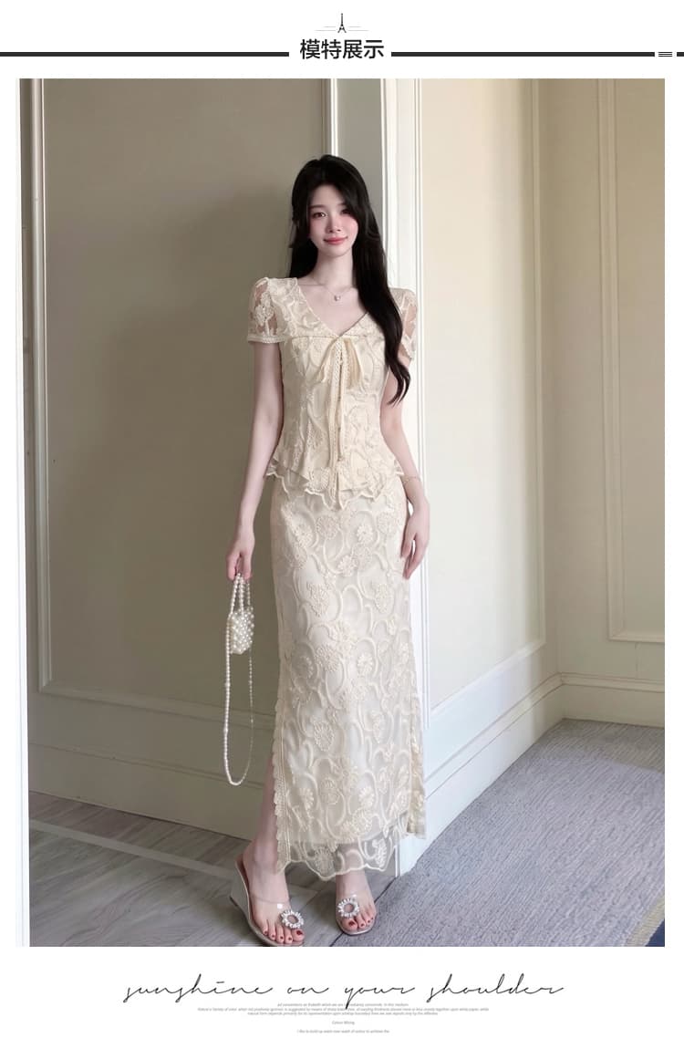 실사 새로운 중식 국풍 세트 여성 무거운 작업 홀로우 아웃 자수 허리 수축 맨위 하이웨이스트 레이스 반신 스커트 투피스 세트 상세 이미지 7