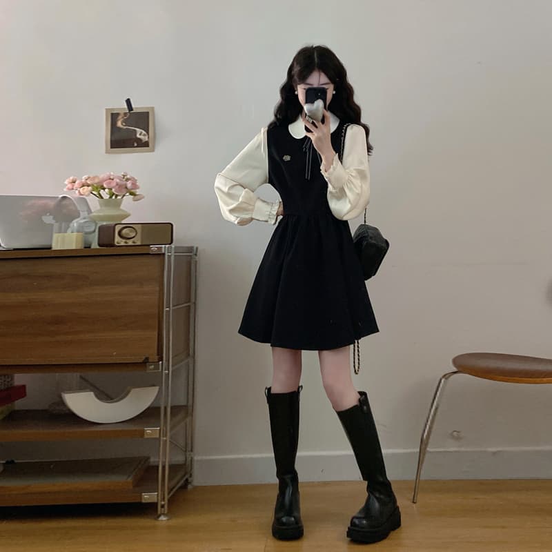 실사 가을 겨울 새로운 페이크 레이어드 베이비 칼라 디자인 연령 감소 마이크로 지방 빅 사이즈 허리 수축 학원 스타일 여성 드레스 이미지 2