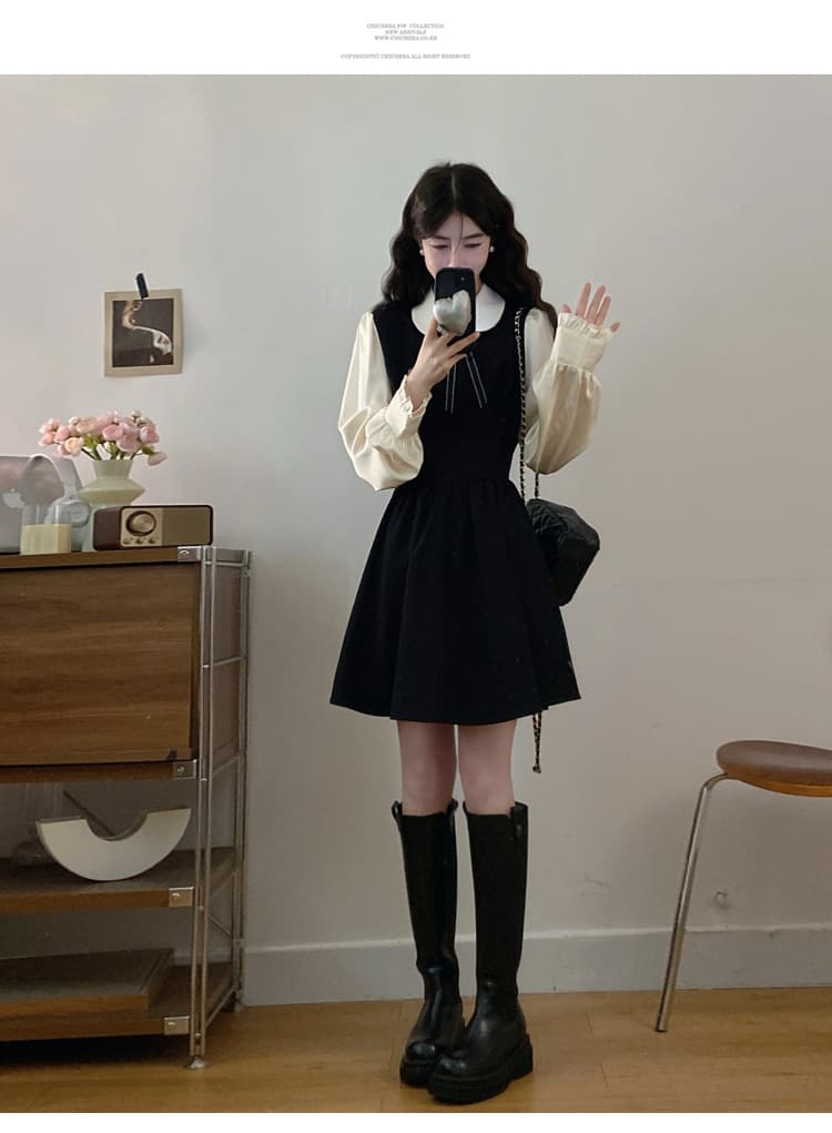 실사 가을 겨울 새로운 페이크 레이어드 베이비 칼라 디자인 연령 감소 마이크로 지방 빅 사이즈 허리 수축 학원 스타일 여성 드레스 상세 이미지 12