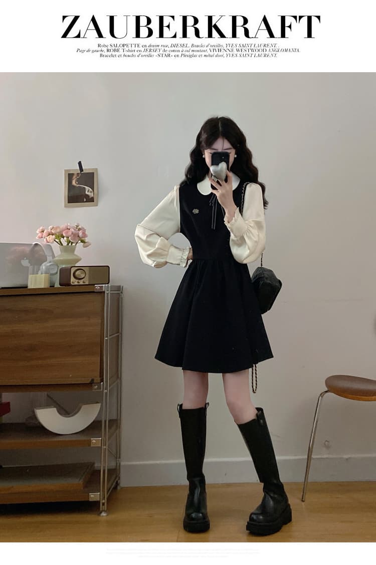 실사 가을 겨울 새로운 페이크 레이어드 베이비 칼라 디자인 연령 감소 마이크로 지방 빅 사이즈 허리 수축 학원 스타일 여성 드레스 상세 이미지 13