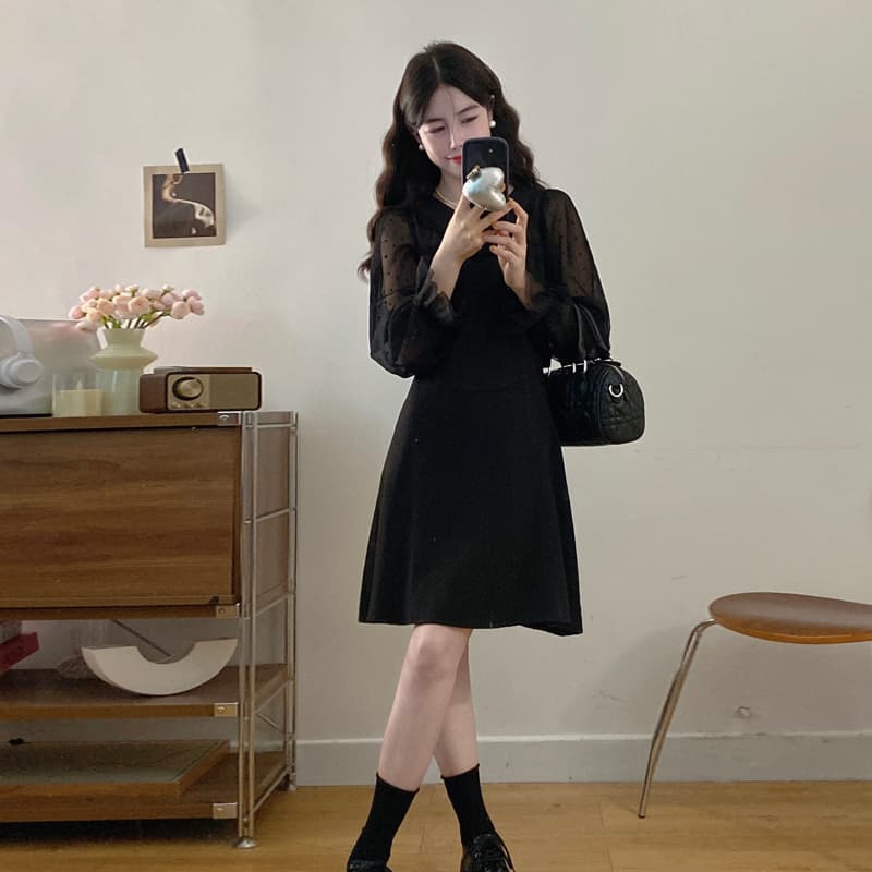 실사 빅 사이즈 프랑스식 천 골드 센스 망사 패치워크 소매 작은 검은 드레스 여성 가을 겨울 새로운 그는 벤 바람 드레스 이미지 4