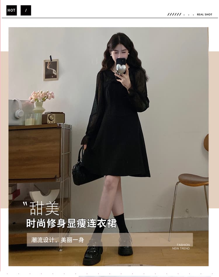실사 빅 사이즈 프랑스식 천 골드 센스 망사 패치워크 소매 작은 검은 드레스 여성 가을 겨울 새로운 그는 벤 바람 드레스 상세 이미지 4