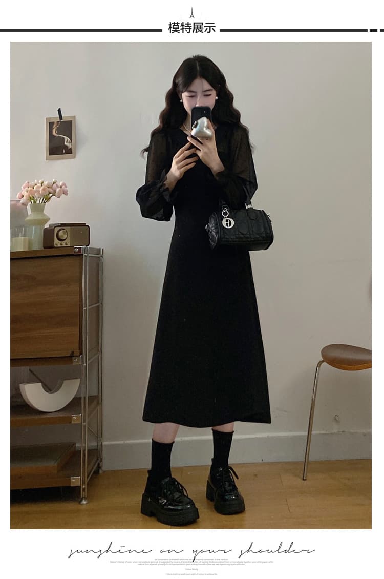 실사 빅 사이즈 프랑스식 천 골드 센스 망사 패치워크 소매 작은 검은 드레스 여성 가을 겨울 새로운 그는 벤 바람 드레스 상세 이미지 9