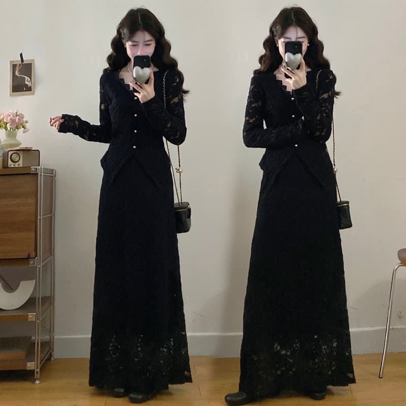 실사 새로운 가을 겨울 빅 사이즈 품격 레이스 V넥 맨위 슬림해 보이는 작은 샤넬 스타일 전체 집합 고급 착용 가져 가라.