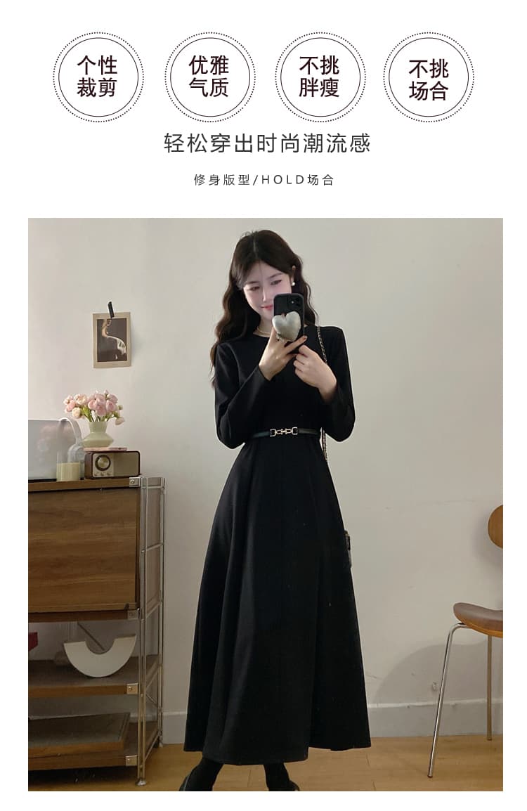 실사 빅 사이즈 여성 의류 가을 겨울 새로운 품격 고급 롱 코트 검정색 긴팔 드레스 슬림해 보이는 다용도 작은 검은 드레스 상세 이미지 2