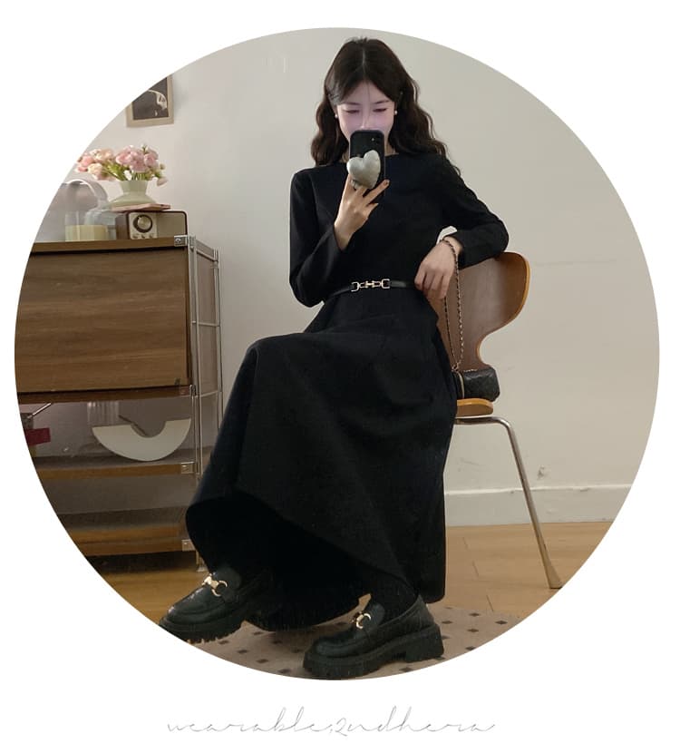 실사 빅 사이즈 여성 의류 가을 겨울 새로운 품격 고급 롱 코트 검정색 긴팔 드레스 슬림해 보이는 다용도 작은 검은 드레스 상세 이미지 11