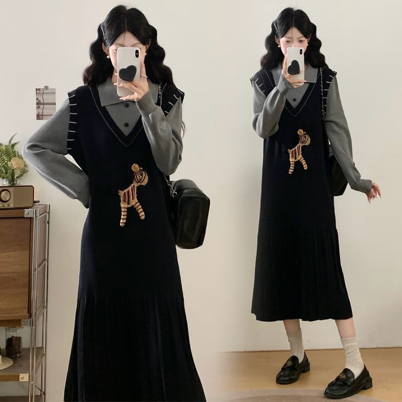 실사 가을 겨울 새로운 검정색 페이크 레이어드 여성 드레스 학원 스타일 자수 만화 패치워크 스웨터 원피스 이미지 2