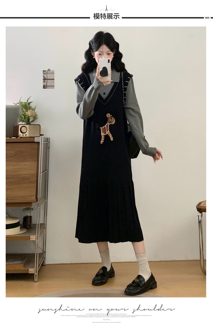 실사 가을 겨울 새로운 검정색 페이크 레이어드 여성 드레스 학원 스타일 자수 만화 패치워크 스웨터 원피스 상세 이미지 8