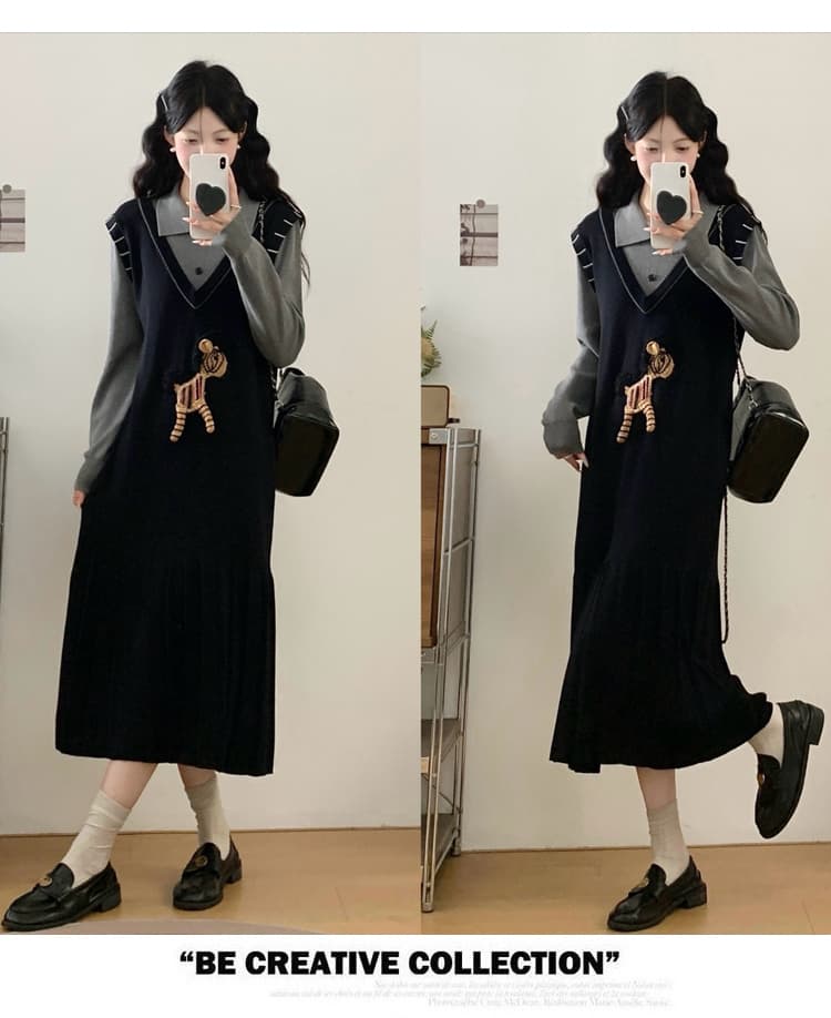 실사 가을 겨울 새로운 검정색 페이크 레이어드 여성 드레스 학원 스타일 자수 만화 패치워크 스웨터 원피스 상세 이미지 18