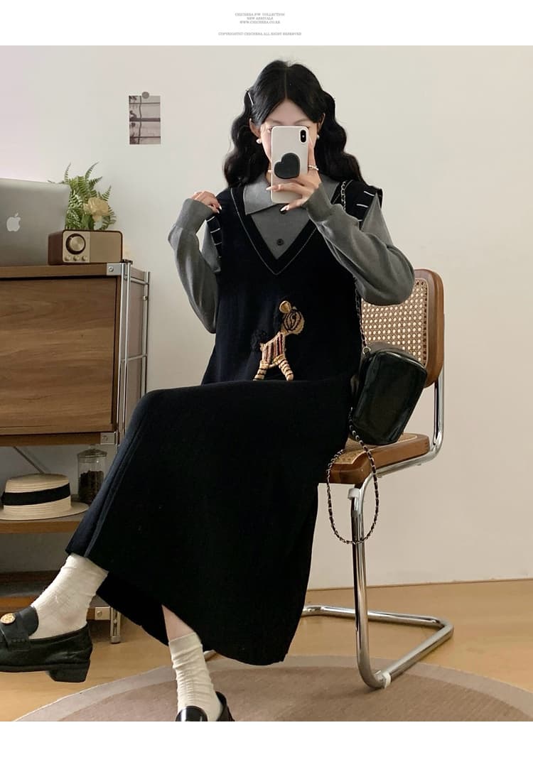실사 가을 겨울 새로운 검정색 페이크 레이어드 여성 드레스 학원 스타일 자수 만화 패치워크 스웨터 원피스 상세 이미지 19
