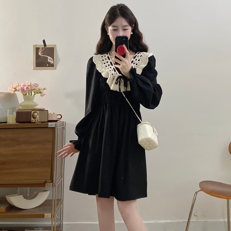 실사 빅 사이즈 여성 의류 가을 겨울 허리 수축 슬림해 보이는 품격 레트로 베이비 칼라 패치워크 연령 감소 슬림해 보이는 학원 스타일 치마 이미지 4