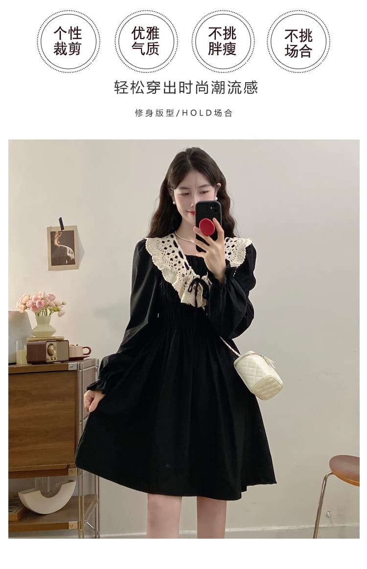 실사 빅 사이즈 여성 의류 가을 겨울 허리 수축 슬림해 보이는 품격 레트로 베이비 칼라 패치워크 연령 감소 슬림해 보이는 학원 스타일 치마 상세 이미지 3