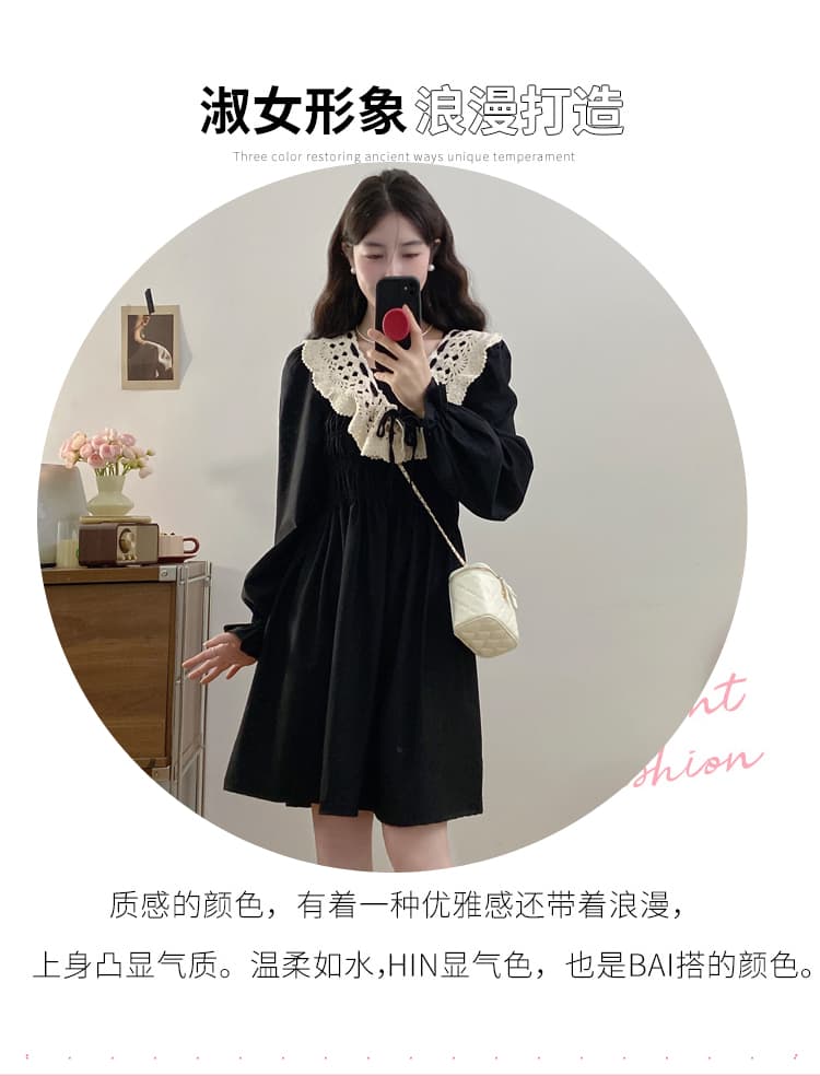 실사 빅 사이즈 여성 의류 가을 겨울 허리 수축 슬림해 보이는 품격 레트로 베이비 칼라 패치워크 연령 감소 슬림해 보이는 학원 스타일 치마 상세 이미지 4