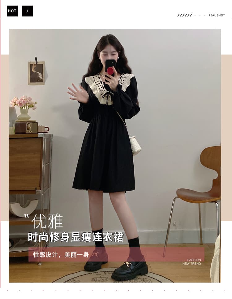 실사 빅 사이즈 여성 의류 가을 겨울 허리 수축 슬림해 보이는 품격 레트로 베이비 칼라 패치워크 연령 감소 슬림해 보이는 학원 스타일 치마 상세 이미지 5