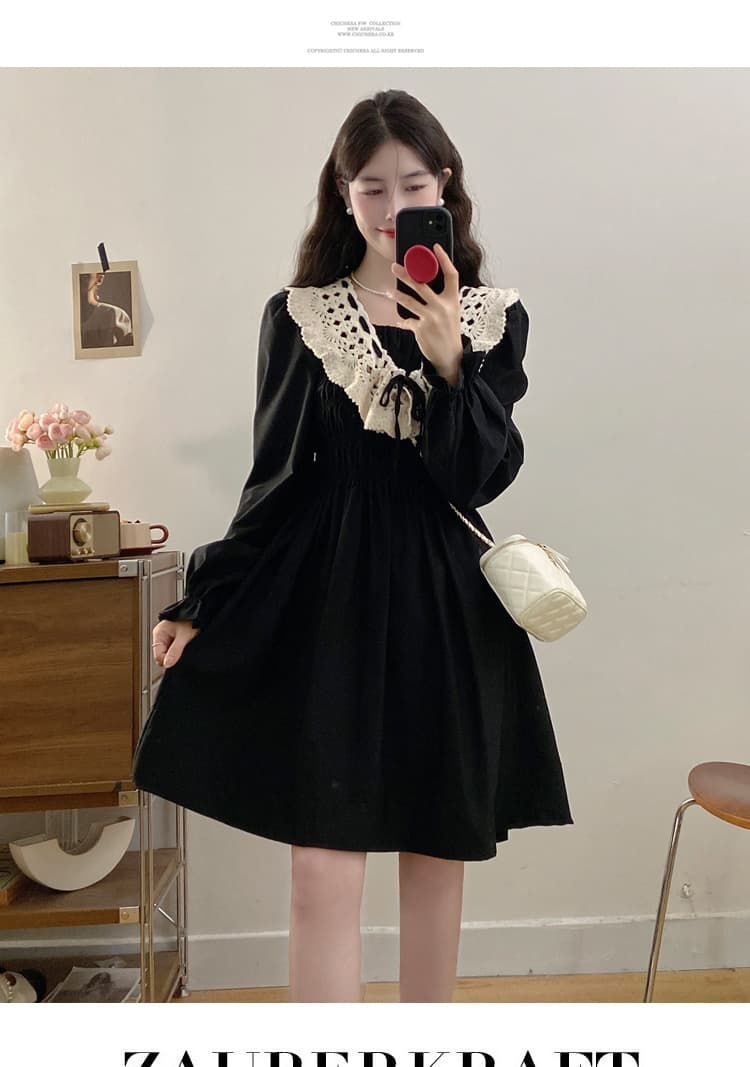 실사 빅 사이즈 여성 의류 가을 겨울 허리 수축 슬림해 보이는 품격 레트로 베이비 칼라 패치워크 연령 감소 슬림해 보이는 학원 스타일 치마 상세 이미지 8