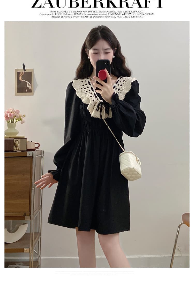 실사 빅 사이즈 여성 의류 가을 겨울 허리 수축 슬림해 보이는 품격 레트로 베이비 칼라 패치워크 연령 감소 슬림해 보이는 학원 스타일 치마 상세 이미지 9
