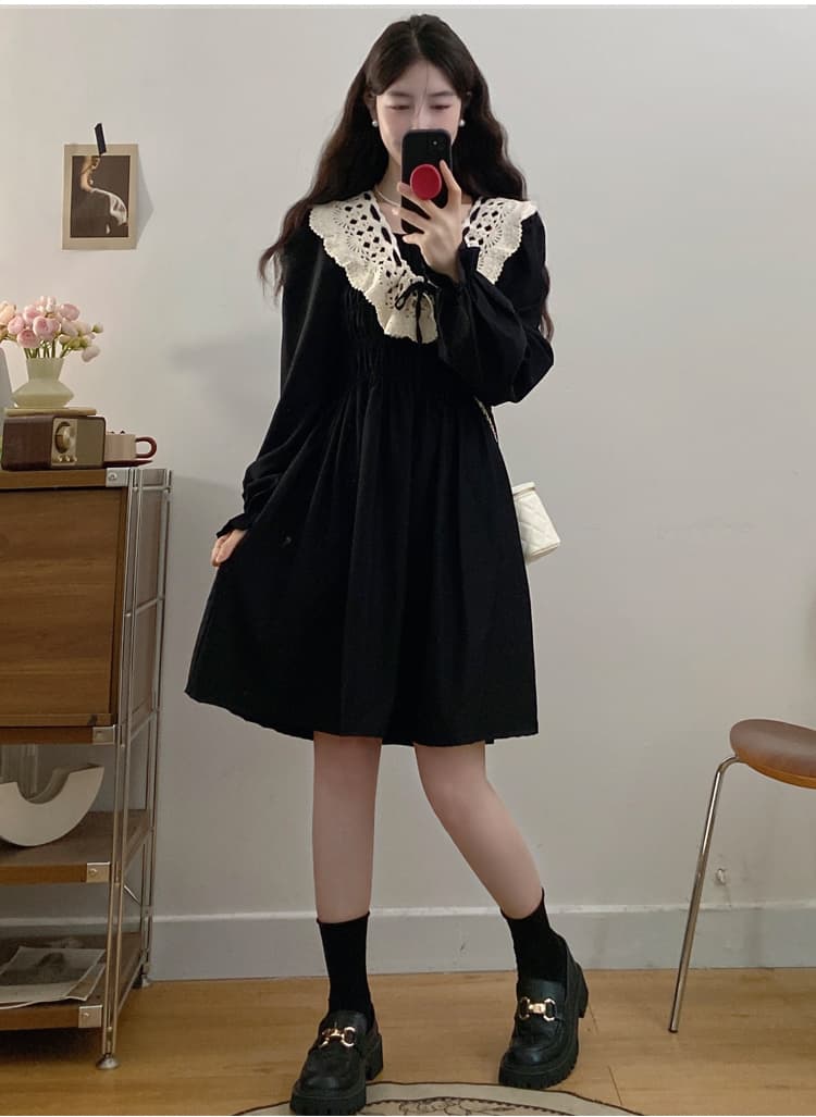 실사 빅 사이즈 여성 의류 가을 겨울 허리 수축 슬림해 보이는 품격 레트로 베이비 칼라 패치워크 연령 감소 슬림해 보이는 학원 스타일 치마 상세 이미지 10