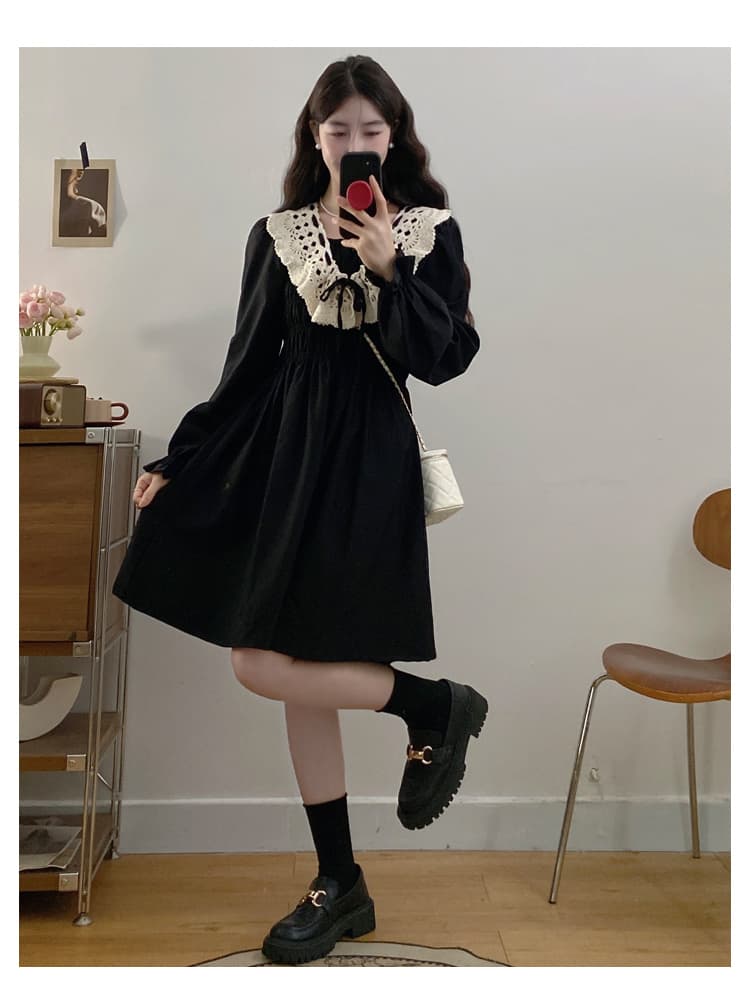 실사 빅 사이즈 여성 의류 가을 겨울 허리 수축 슬림해 보이는 품격 레트로 베이비 칼라 패치워크 연령 감소 슬림해 보이는 학원 스타일 치마 상세 이미지 11