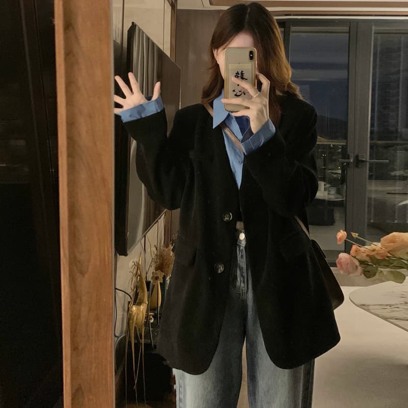 실사 가을 겨울 새로운 빅 사이즈 여성 의류 작은 대중 배색 페이크 레이어드 루즈핏 슬림해 보이는 다용도 빅 사이즈 한 부서 재킷 이미지 4