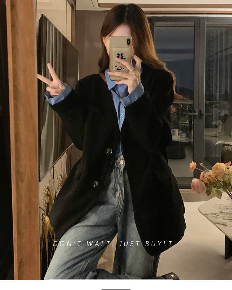 실사 가을 겨울 새로운 빅 사이즈 여성 의류 작은 대중 배색 페이크 레이어드 루즈핏 슬림해 보이는 다용도 빅 사이즈 한 부서 재킷 상세 이미지 6