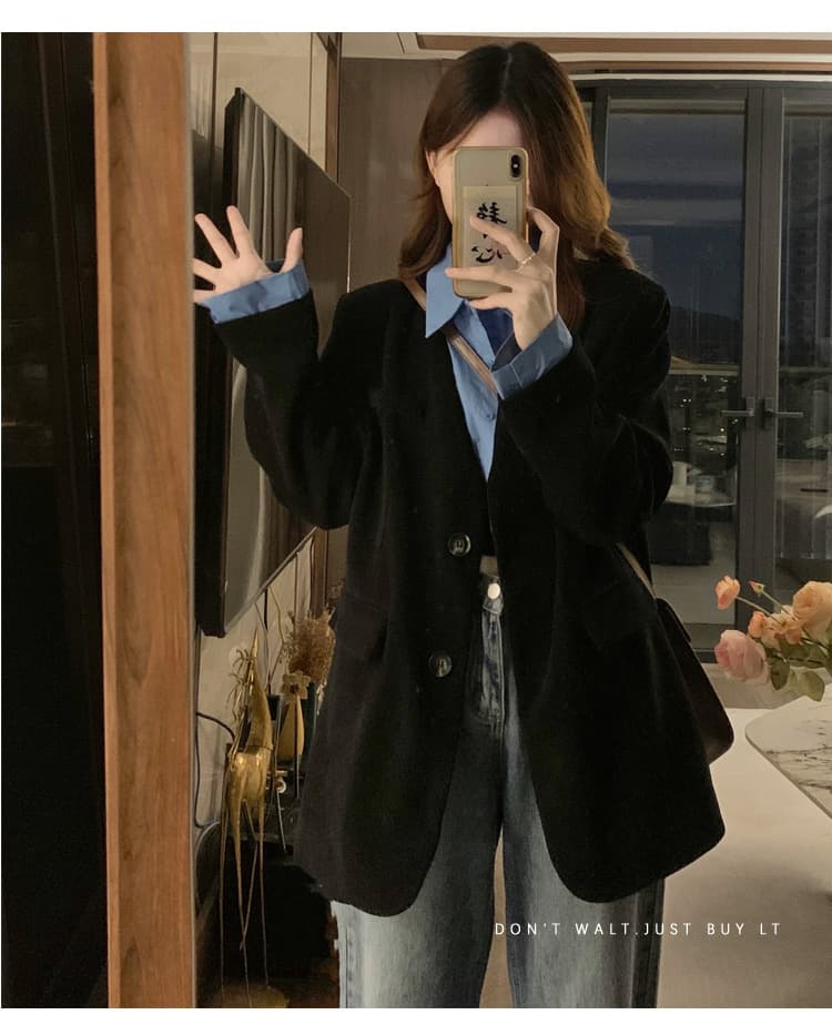 실사 가을 겨울 새로운 빅 사이즈 여성 의류 작은 대중 배색 페이크 레이어드 루즈핏 슬림해 보이는 다용도 빅 사이즈 한 부서 재킷 상세 이미지 10
