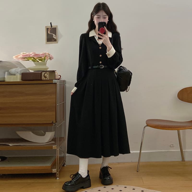 실사 빅 사이즈 여성 바 플러그 오래된 것들 가을 겨울 프랑스식 작은 샤넬 스타일 검정색 페이크 레이어드 긴팔 드레스 고급 센스 이미지 2