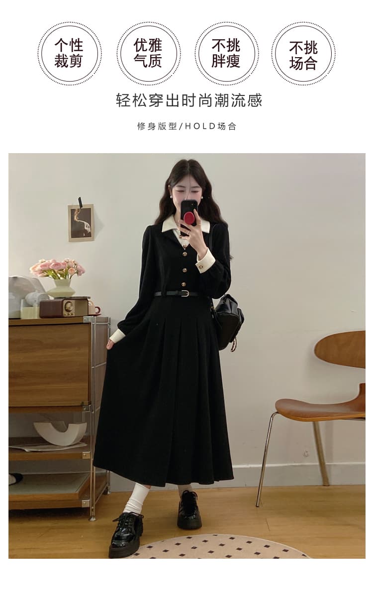 실사 빅 사이즈 여성 바 플러그 오래된 것들 가을 겨울 프랑스식 작은 샤넬 스타일 검정색 페이크 레이어드 긴팔 드레스 고급 센스 상세 이미지 3