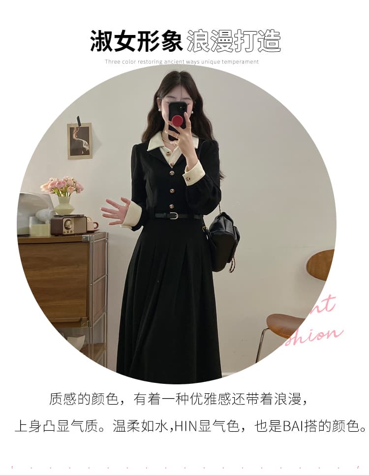 실사 빅 사이즈 여성 바 플러그 오래된 것들 가을 겨울 프랑스식 작은 샤넬 스타일 검정색 페이크 레이어드 긴팔 드레스 고급 센스 상세 이미지 4