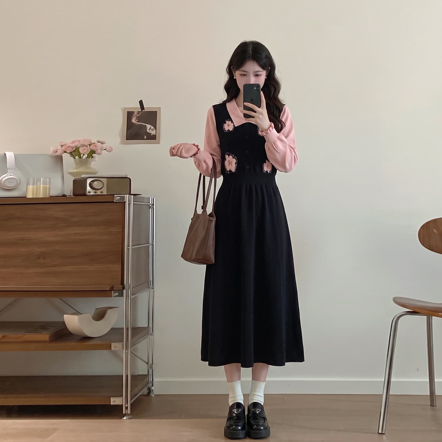 실사 빅 사이즈 여성 의류 지방 mm 한 부서 달콤한 스타일 연령 감소 드레스 이른 가을 페이크 레이어드 자수 디자인 스웨터 드레스 이미지 2
