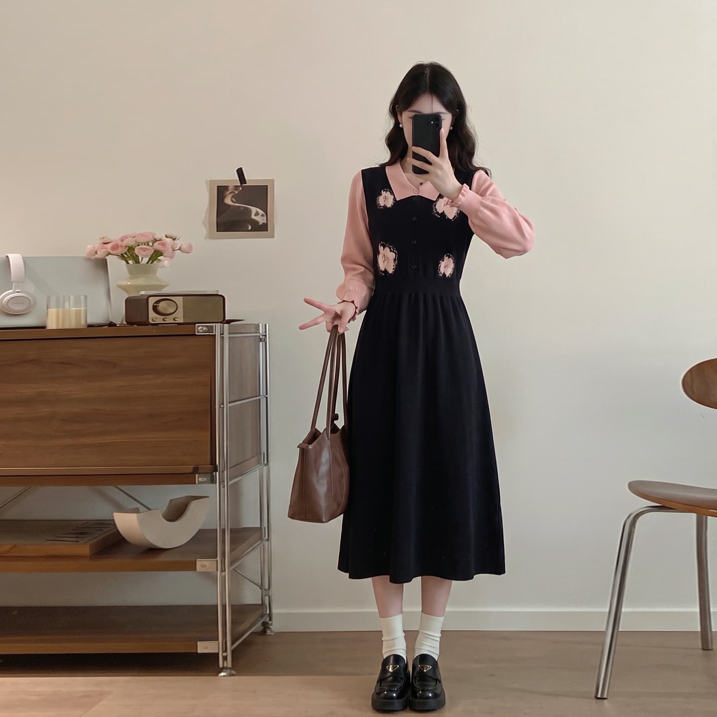 실사 빅 사이즈 여성 의류 지방 mm 한 부서 달콤한 스타일 연령 감소 드레스 이른 가을 페이크 레이어드 자수 디자인 스웨터 드레스