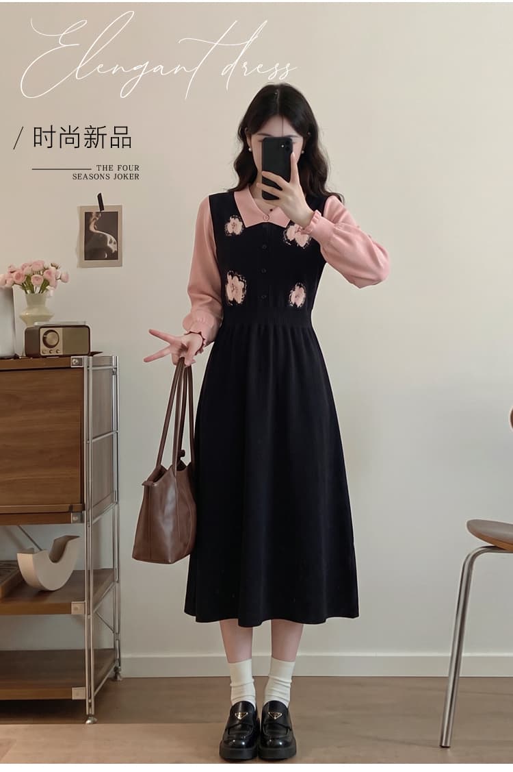 실사 빅 사이즈 여성 의류 지방 mm 한 부서 달콤한 스타일 연령 감소 드레스 이른 가을 페이크 레이어드 자수 디자인 스웨터 드레스 상세 이미지 2