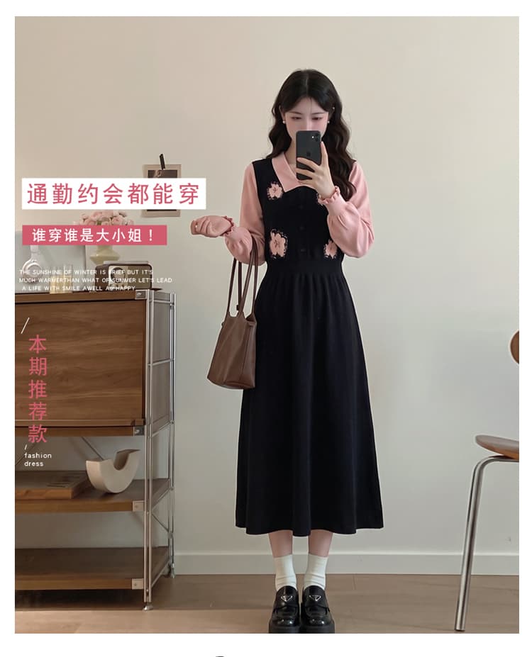 실사 빅 사이즈 여성 의류 지방 mm 한 부서 달콤한 스타일 연령 감소 드레스 이른 가을 페이크 레이어드 자수 디자인 스웨터 드레스 상세 이미지 3