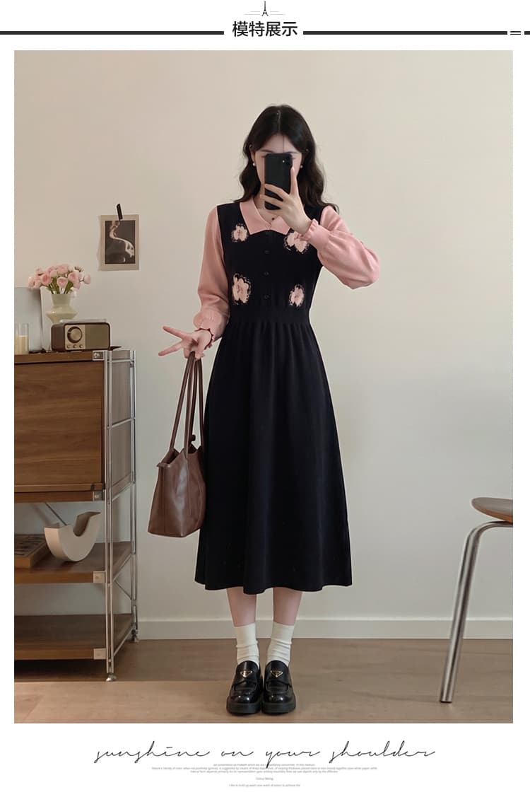 실사 빅 사이즈 여성 의류 지방 mm 한 부서 달콤한 스타일 연령 감소 드레스 이른 가을 페이크 레이어드 자수 디자인 스웨터 드레스 상세 이미지 7