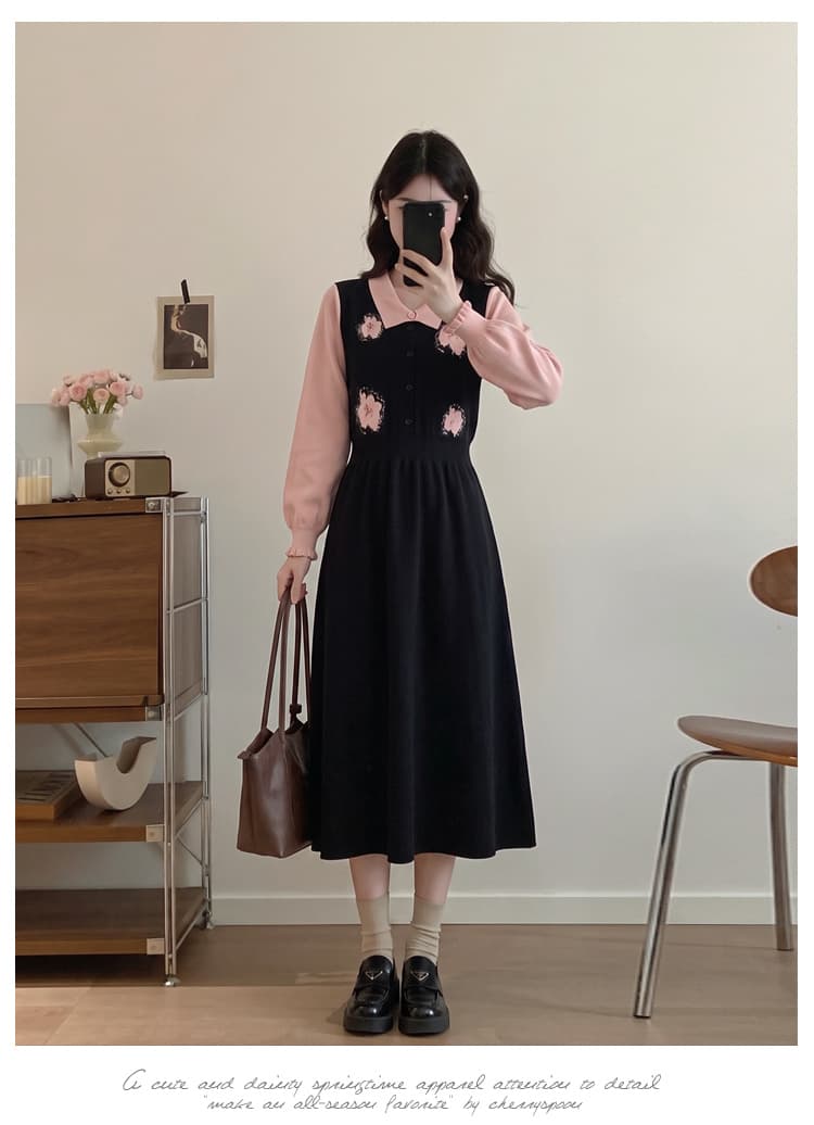 실사 빅 사이즈 여성 의류 지방 mm 한 부서 달콤한 스타일 연령 감소 드레스 이른 가을 페이크 레이어드 자수 디자인 스웨터 드레스 상세 이미지 8