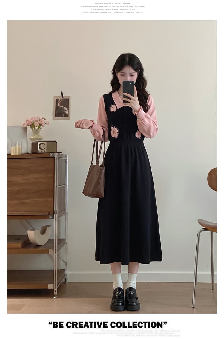 실사 빅 사이즈 여성 의류 지방 mm 한 부서 달콤한 스타일 연령 감소 드레스 이른 가을 페이크 레이어드 자수 디자인 스웨터 드레스 상세 이미지 10