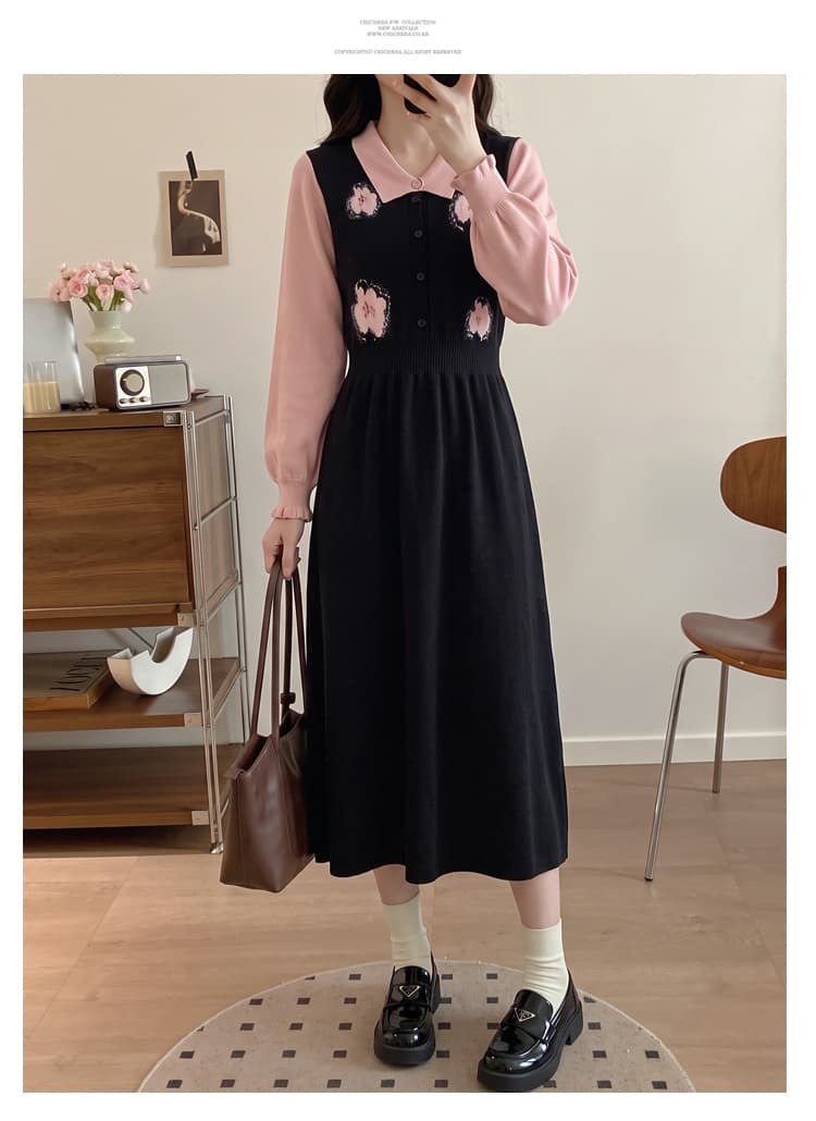 실사 빅 사이즈 여성 의류 지방 mm 한 부서 달콤한 스타일 연령 감소 드레스 이른 가을 페이크 레이어드 자수 디자인 스웨터 드레스 상세 이미지 11