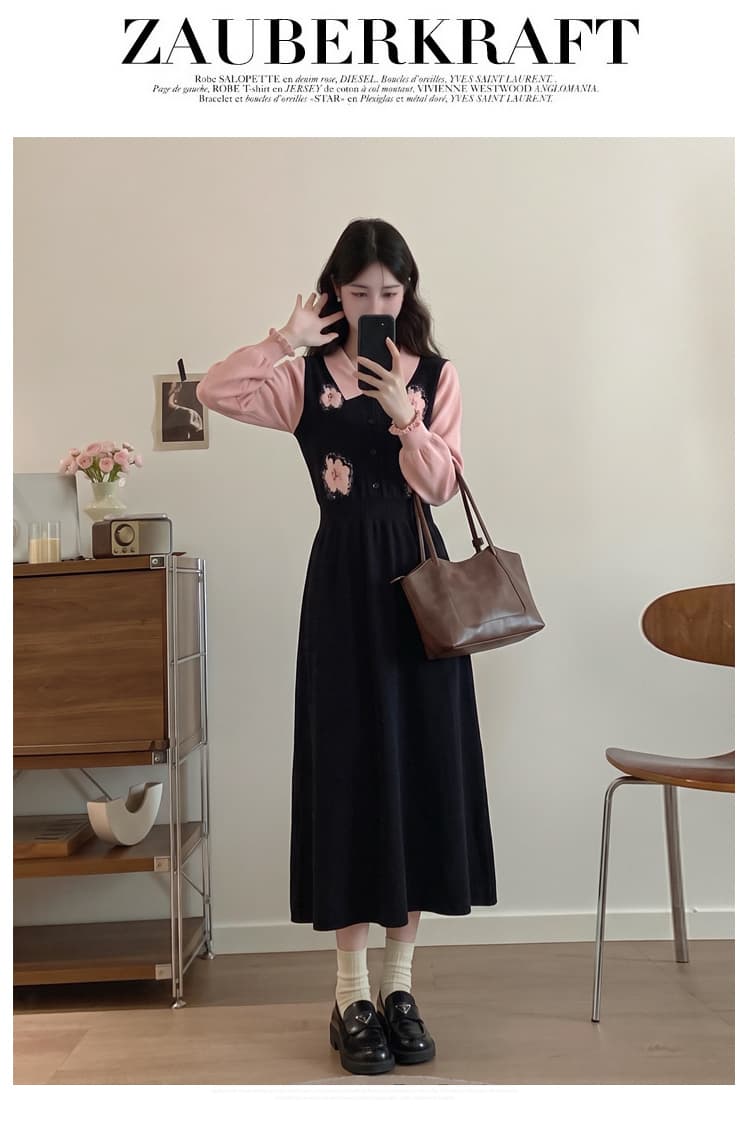 실사 빅 사이즈 여성 의류 지방 mm 한 부서 달콤한 스타일 연령 감소 드레스 이른 가을 페이크 레이어드 자수 디자인 스웨터 드레스 상세 이미지 12