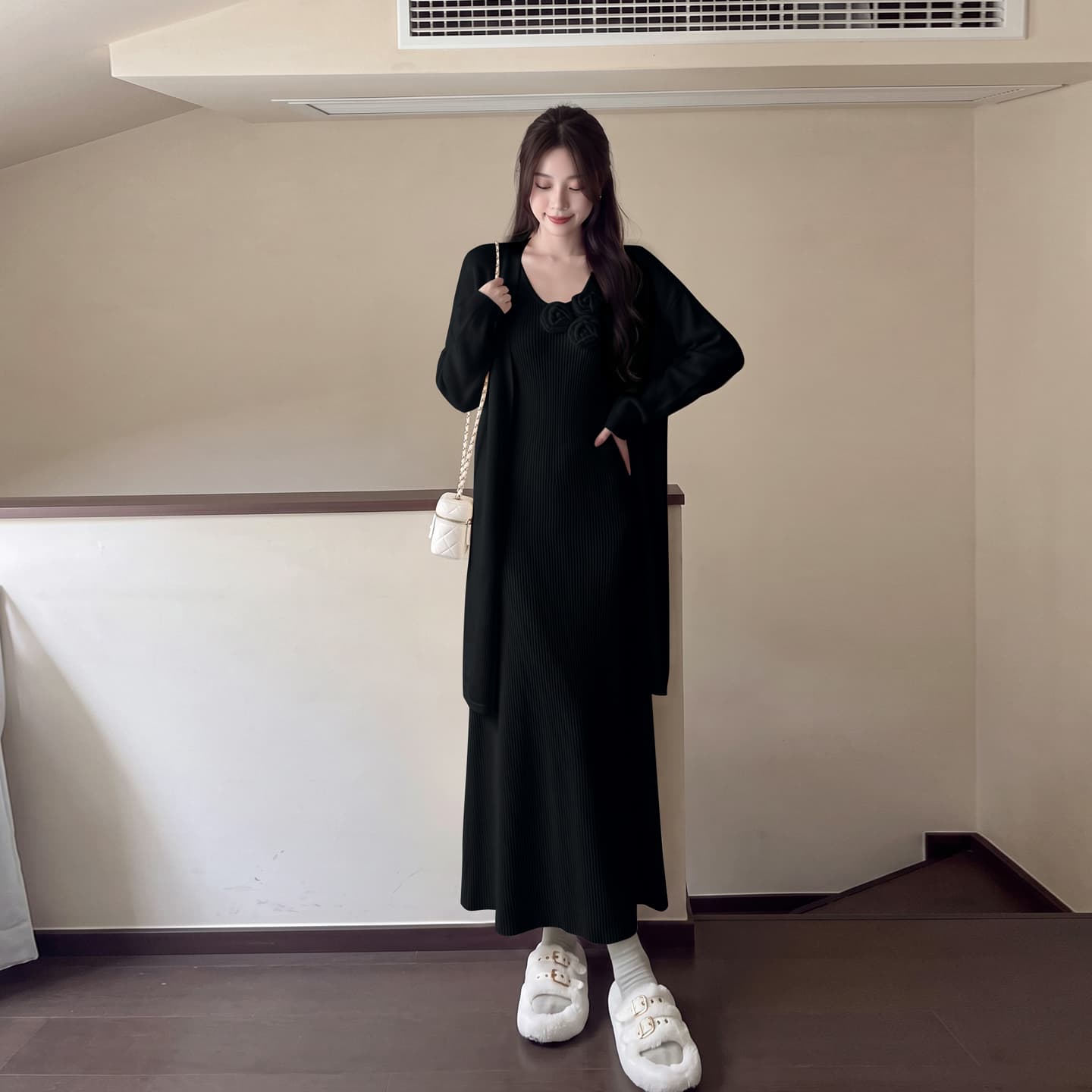실사 우아함 품격 롱 코트 스웨터 오픈 가디건 빅 사이즈 마이크로 지방 슬림해 보이는 부드러운 찹쌀 느긋한 드레스 스웨터 투피스 세트 이미지 4