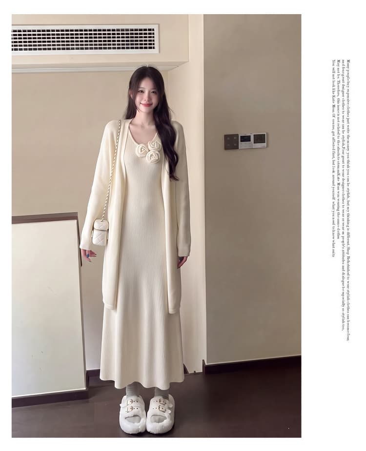 실사 우아함 품격 롱 코트 스웨터 오픈 가디건 빅 사이즈 마이크로 지방 슬림해 보이는 부드러운 찹쌀 느긋한 드레스 스웨터 투피스 세트 상세 이미지 10