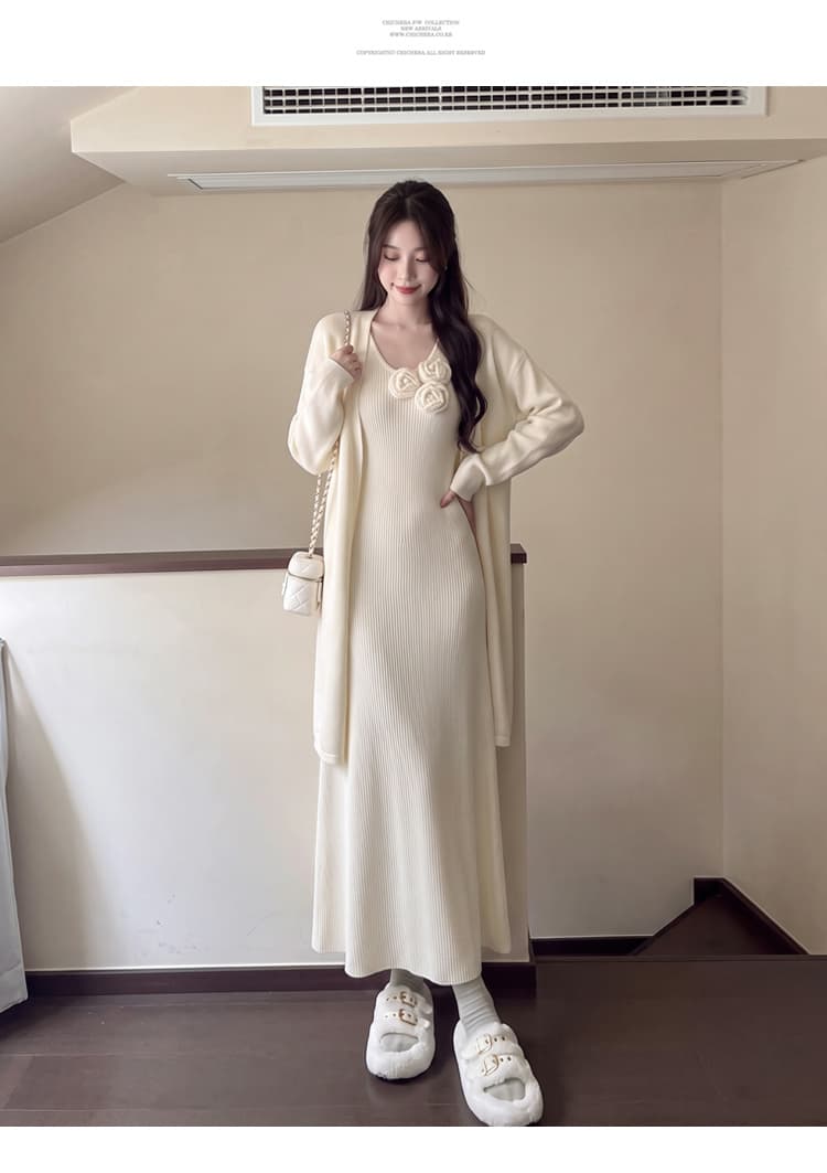 실사 우아함 품격 롱 코트 스웨터 오픈 가디건 빅 사이즈 마이크로 지방 슬림해 보이는 부드러운 찹쌀 느긋한 드레스 스웨터 투피스 세트 상세 이미지 13