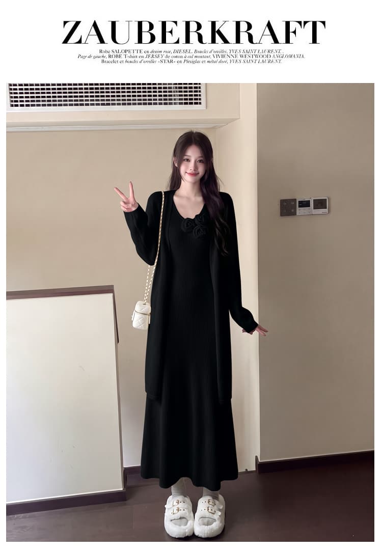 실사 우아함 품격 롱 코트 스웨터 오픈 가디건 빅 사이즈 마이크로 지방 슬림해 보이는 부드러운 찹쌀 느긋한 드레스 스웨터 투피스 세트 상세 이미지 14