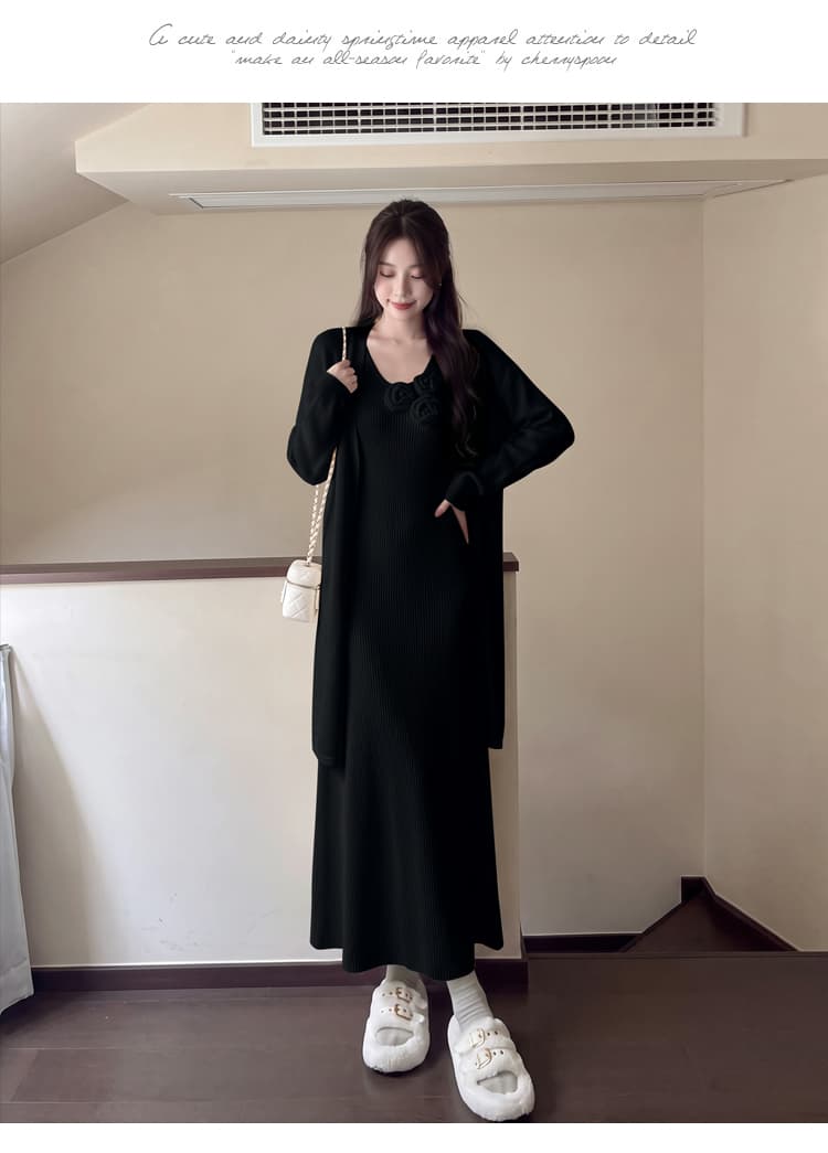 실사 우아함 품격 롱 코트 스웨터 오픈 가디건 빅 사이즈 마이크로 지방 슬림해 보이는 부드러운 찹쌀 느긋한 드레스 스웨터 투피스 세트 상세 이미지 15